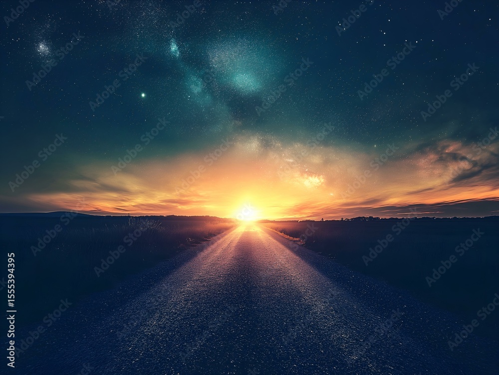 Fototapeta premium sunset landscape, starry sky, ocean horizon, warm colors, tranquil scene