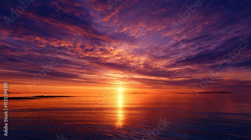 Golden Ocean Sunset Vibrant Clouds Reflecting in Calm Waters, Distant Islands Silhouette Against Sky