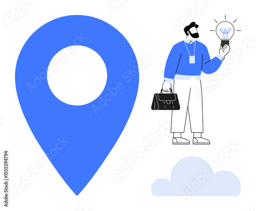 Large blue location pin alongside a man holding a lit light bulb, representing ideas and innovation. Ideal for brainstorming, navigation, teamwork, creativity, innovation, problem-solving