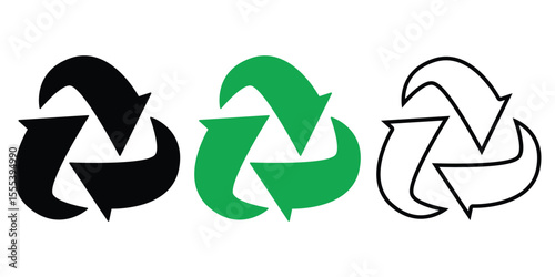 Recycling Symbol Vector Set. Green, Black, and Line Art Icons.
