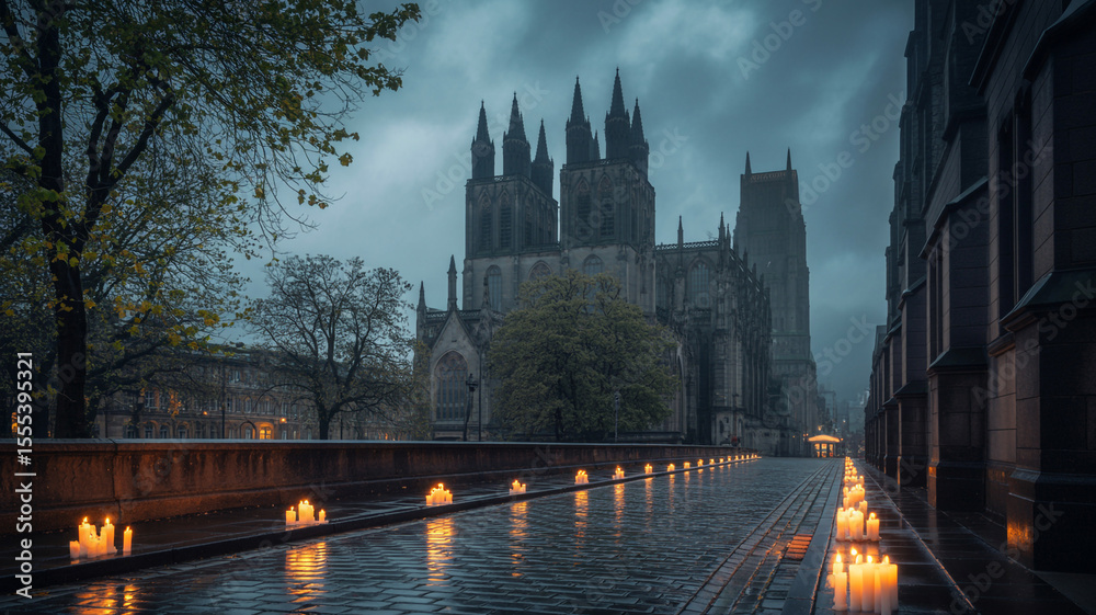 Obraz premium Candlelit Path to a Majestic Cathedral Under a Moody Sky on a Rainy Evening in a European City