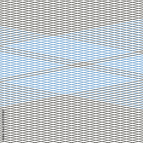 A metal mesh or fence with diamond-shaped cells and partially blue lines.