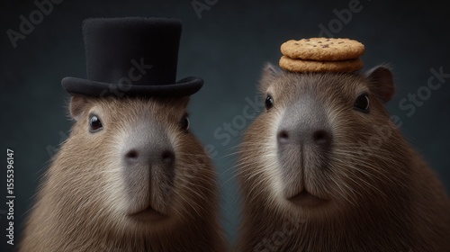 Fototapeta Naklejka Na Ścianę i Meble -  Two capybaras, one with top hat, one with cookies. Cute animal portraits.