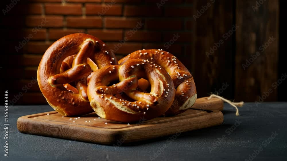 Freshly baked pretzels cooling on rustic wooden board with brick background