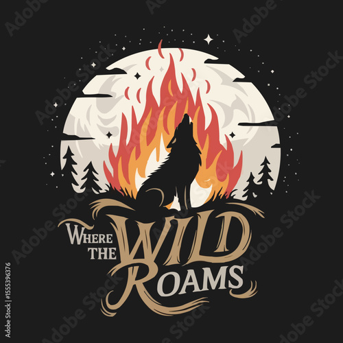 Where the Wild Roams: Wolf and Bonfire Under Starry Night, Lone Wolf T-shirt Vector Design

