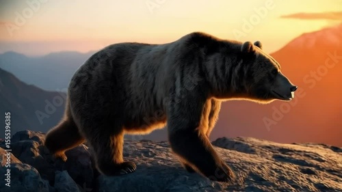 Brown bear standing on rocky terrain with mountains and sunset in the background view nature scene video