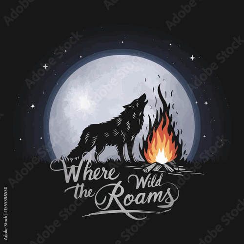 Where the Wild Roams: Wolf and Bonfire Under Starry Night, Lone Wolf T-shirt Vector Design

