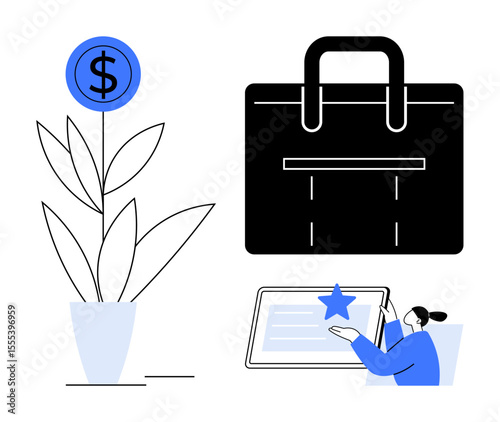 Money plant symbolizing growth, a black briefcase for business and professionalism, and a person pointing at a certificate star. Ideal for finance, career, recognition, growth, business, success