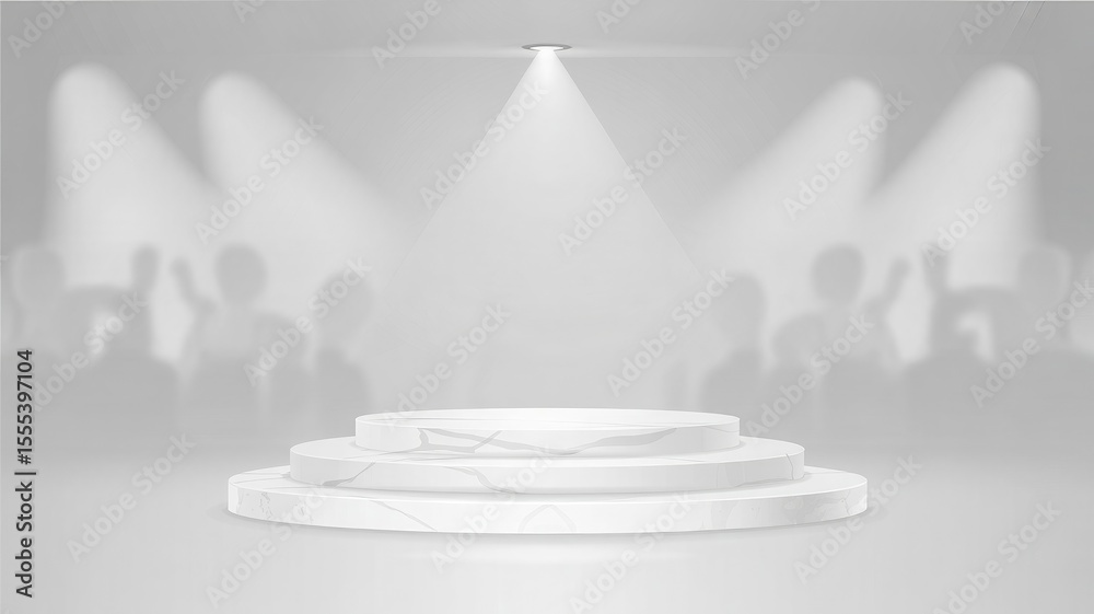 Fototapeta premium Three tiered marble podium under spotlight with blurred audience background