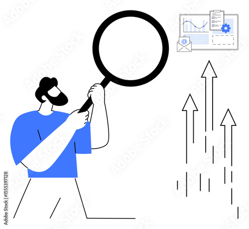 Man holding magnifying glass examining analytics dashboard, upward arrows symbolizing progress. Ideal for growth, research, analytics, success, strategy, development business progress. Simple flat