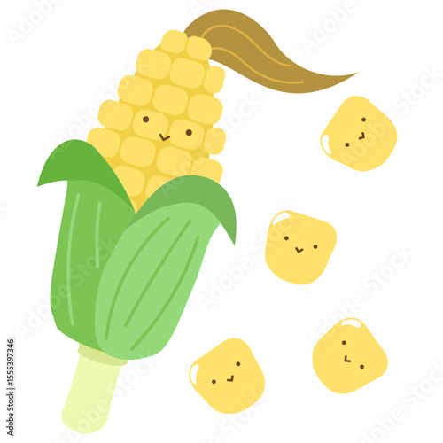 かわいいトウモロコシ　キャラクター　葉と髭付き　粒　夏野菜　ベクターイラスト