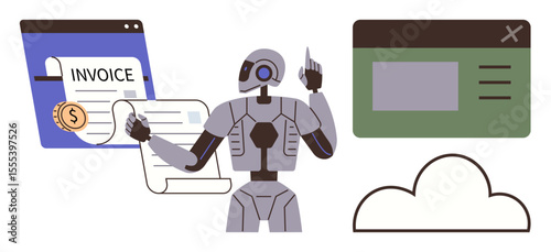 Robot processing financial invoices, cloud server icon, and interface elements. Ideal for automation, AI, fintech, data management, cloud computing, tech innovation simple flat metaphor