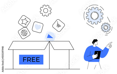 Open box labeled FREE, icons representing apps flying out, user with tablet pointing to gears. Ideal for resource accessibility, software, user interaction, innovation, customization, technology