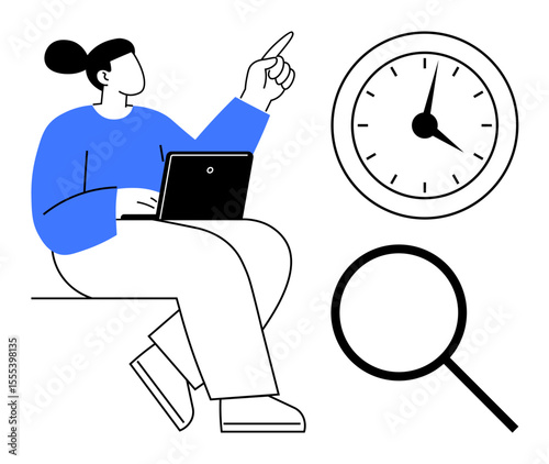 Woman multitasking with a laptop, indicating an idea while a clock and magnifying glass symbolize time management, focus, productivity. Ideal for work, planning, research, innovation, schedule