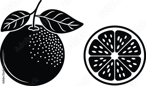 Fresh Orange Silhouettes: Whole Fruit with Leaves and Sliced Citrus

