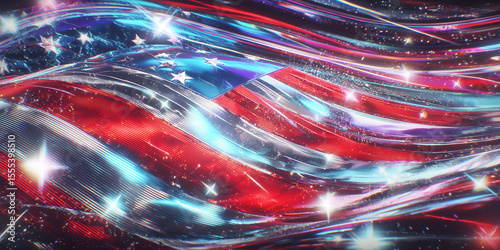 United states flag waving in festive atmosphere with sparkling lights