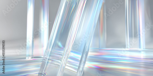 Abstract crystal prisms refracting light beams in modern architectural design