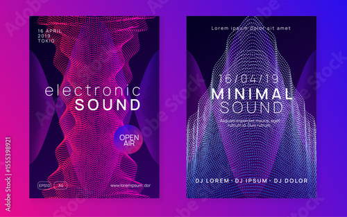 Discotheque Magazine. Pink Fest Flyer. Soundwave Audio Illustration. Blue Sound Event. Techno Electro Template. Party Banner. Concert Cover. Green Discotheque Magazine