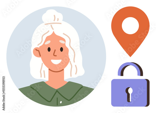 Smiling woman portrait in circle, red location pin, purple lock. Ideal for identity, location, privacy, security, user interface, account access simple flat metaphor