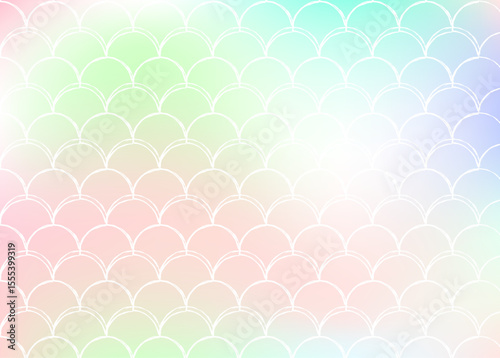 Holographic mermaid background with gradient scales. Bright color transitions. Fish tail banner and invitation. Underwater and sea pattern for girlie party. Creative back with holographic mermaid.
