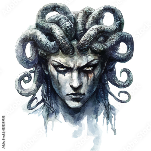 watercolor vector of Medusas Head Greek Mythology, isolated on a white background.