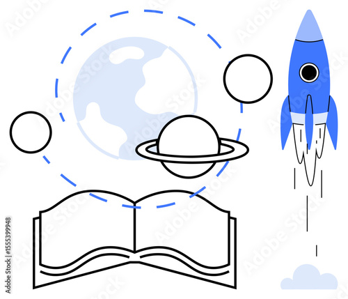 Open book beneath planets, Earth, and a rocket ascending. Highlights themes of learning, imagination, space, innovation, discovery education and creativity. Ideal for science teaching