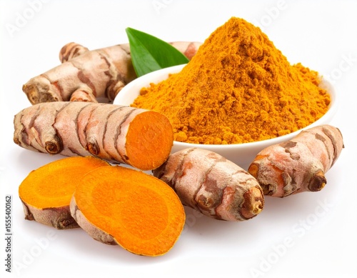 turmeric root and powder isolated on white background close up