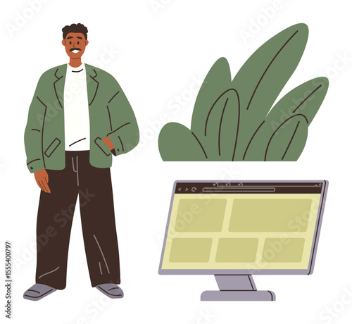 Smiling man in casual attire beside a computer screen and green plants. Ideal for technology, creativity, growth, education, professionalism, workspace, human connection themes. Clean simple flat