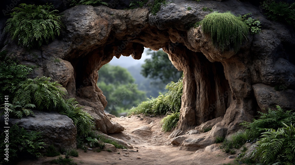 Obraz premium A cave entrance with stalactites and moss growing on the edges, opening into darkness. 