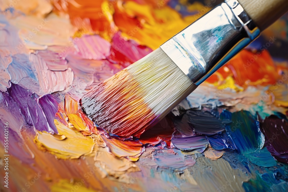 Fototapeta premium Close-up of a brush loaded with vibrant oil paint. Thick strokes create a textured and colorful abstract art background for creative projects.
