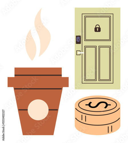 Hot coffee cup with steam, stack of coins, and a locked door reflecting safety, creativity, and financial planning. Ideal for security, finance, lifestyle, savings comfort work-life simple landing