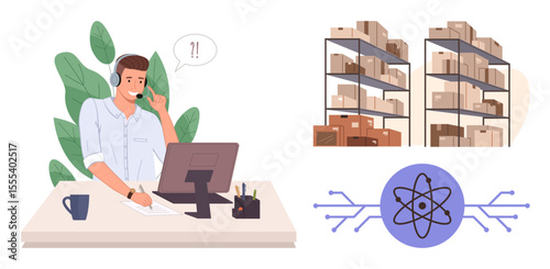Office worker using a headset at a desk, warehouse shelves filled with boxes, digital connectivity and atom icon, Ideal for customer service, inventory management, logistics, supply chain