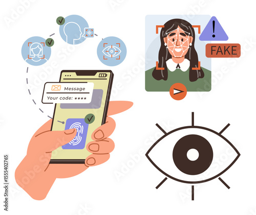 Smartphone fingerprint scan with verification message, face recognition icons, deepfake detection alert, and eye symbol. Ideal for AI, privacy, security, identity fraud biometrics cybercrime. A