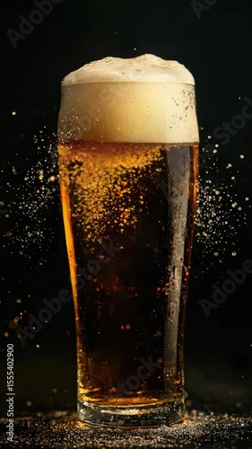 Fizzy froth with sparkles from beer bottle opening.