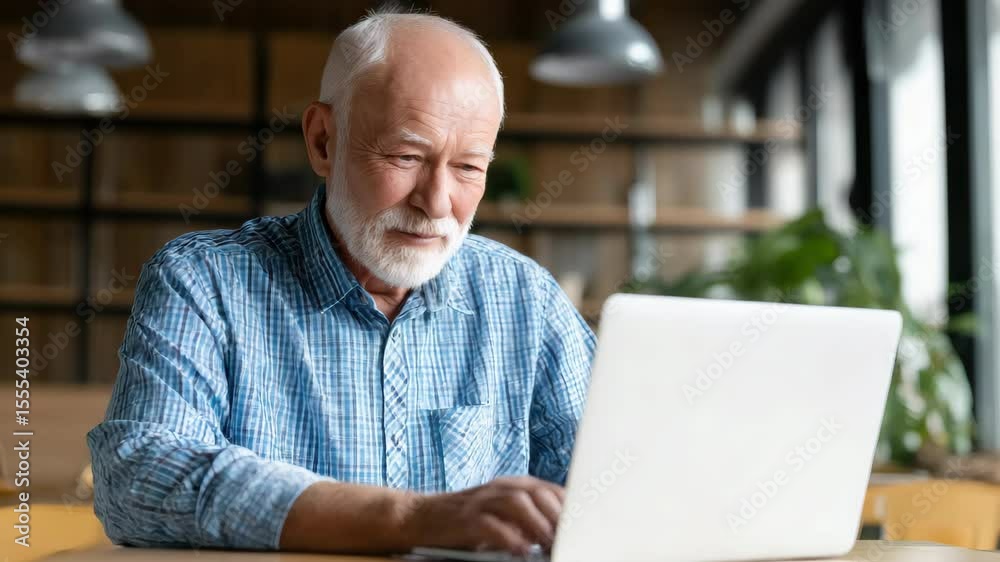 Senior man with white hair and beard in blue plaid shirt using laptop computer at table, elderly male focused and content, natural light in modern cafe, relaxed and happy workspace atmosphere