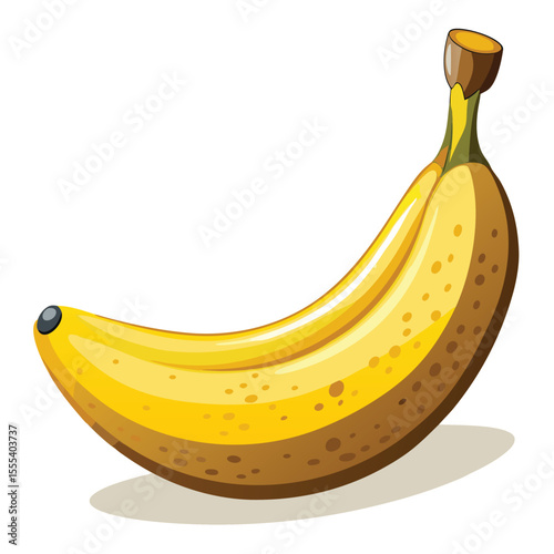 Isolated cartoon illustration of a single ripe banana with brown spots and a shadow