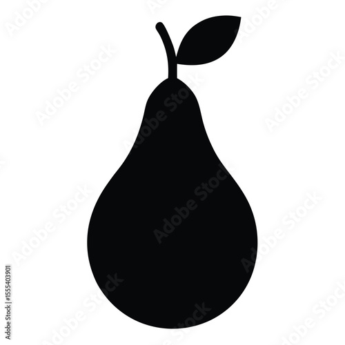 Simple black and white illustration of a fresh pear with a leaf isolated on white background