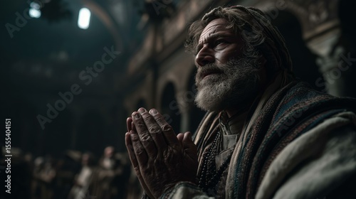 Photorealistic depiction of a man in prayer, reflecting deep faith and hope in a sacred space, reminiscent of biblical healing stories. Mood is solemn and reverent.