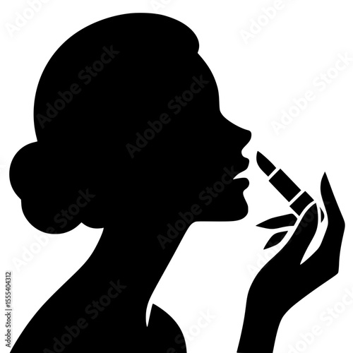 Minimalist Woman Applying Lipstick Silhouette – Black SVG Clipart Icon