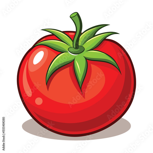 Vibrant cartoon illustration of a fresh and juicy red tomato with green stem and leaves