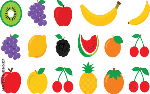 Set of cartoon fruits collection with leaves and stems