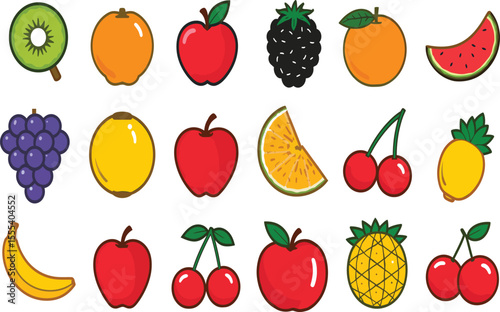 Set of cartoon fruits collection with leaves and stems