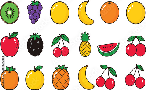 Set of cartoon fruits collection with leaves and stems