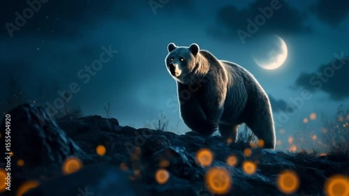 A majestic bear standing on a rocky hill under the moonlight in the dark of night landscape video