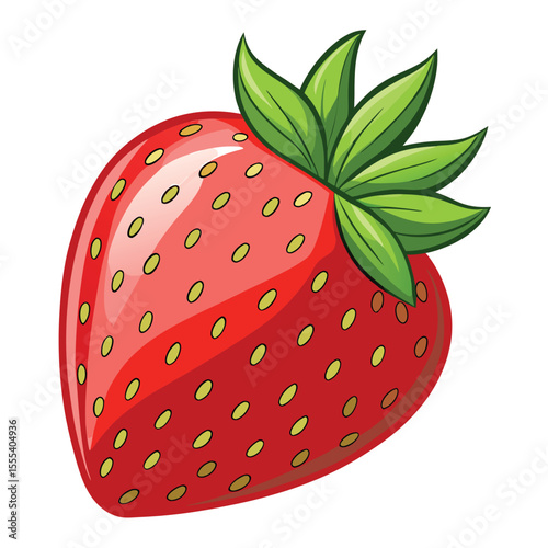 Vibrant illustration of a fresh red strawberry with green leaves isolated on white background