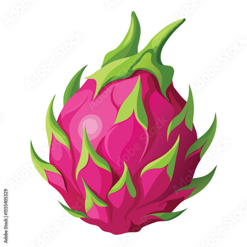 Vivid illustration of a bright pink and green dragon fruit on a clean white background