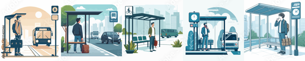 Fototapeta premium vector image of a man waiting at a bus stop on a white background