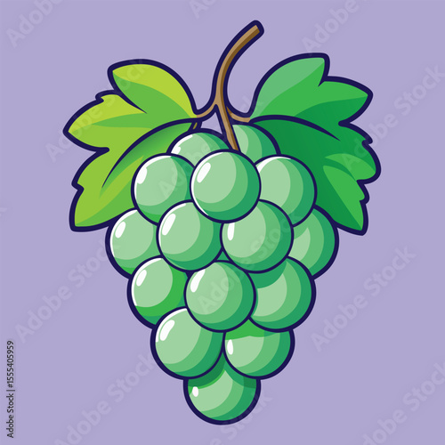 A simple cartoon illustration of a fresh green grape bunch with lush leaves