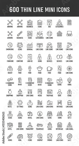 600 thin line mini icons collection on white background