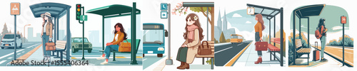 vector image of a women waiting at a bus stop on a white background